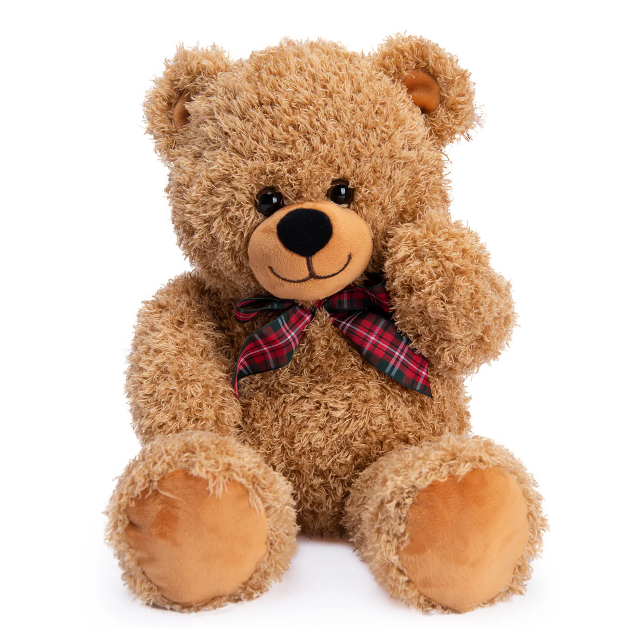 A stuffed animal toy resembling a bear, with a plaid bow tie and a black nose.