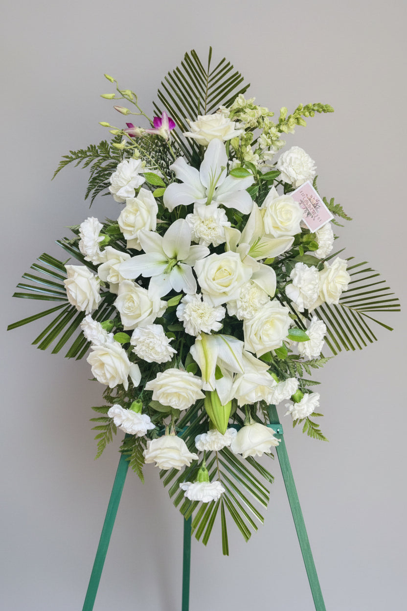 Large white floral arrangement featuring lilies, roses, and green foliage, displayed on a stand in front of a brick wall and framed artwork.