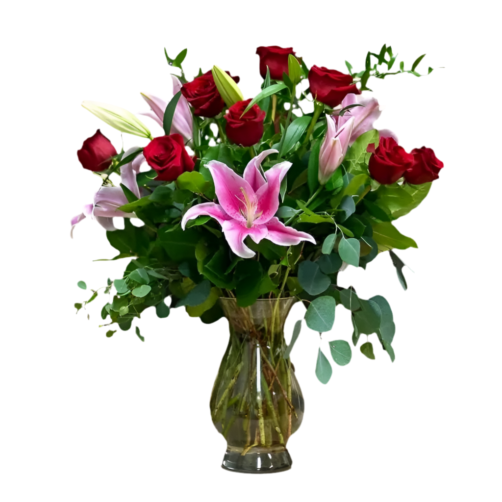 Premium Lily and Rose Bouquet with 12 red roses and 3 stargazer lilies arranged in a glass vase for flower delivery in Chandler, Arizona