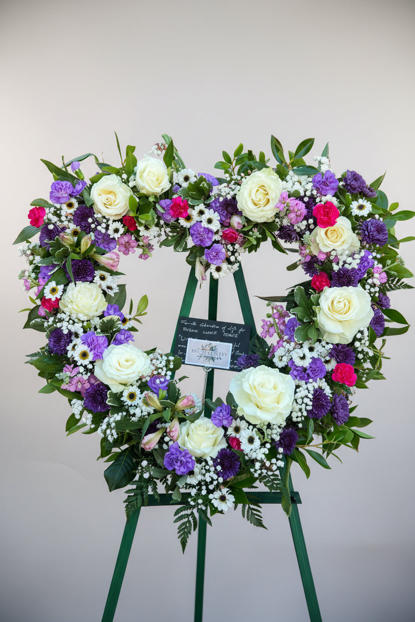 A heart-shaped floral wreath with white roses, purple and pink flowers, and green foliage delivered in Gilbert, AZ and nearby cities.