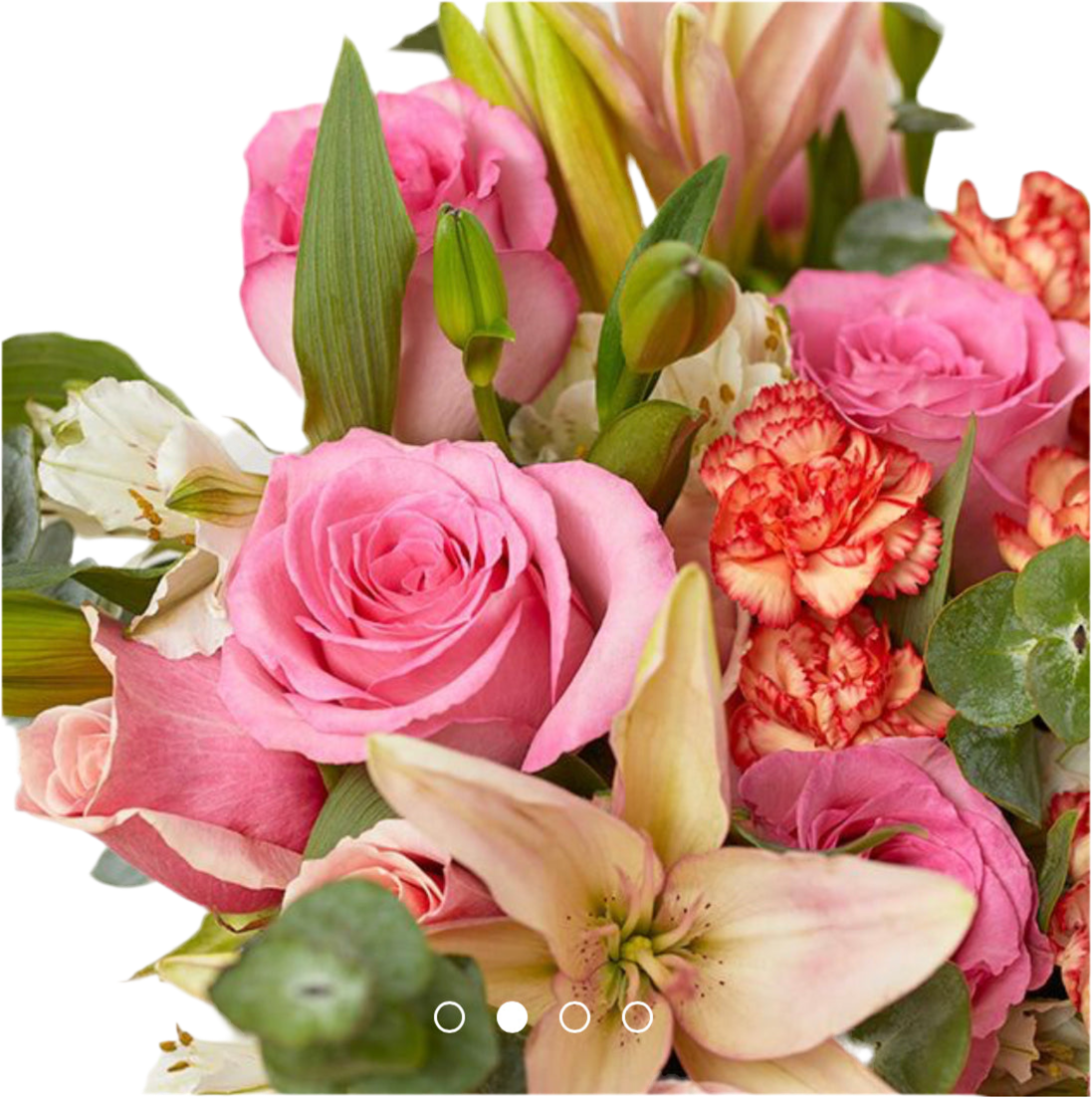 Strawberry Sunset Bouquet with lilies, roses, carnations, and alstroemeria in seasonal pink and red, arranged for flower delivery in Chandler, Arizona