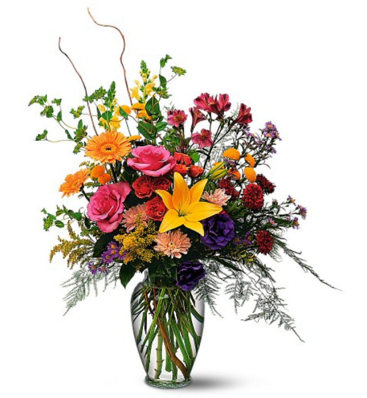 A bouquet of various flowers including astroemeria, chrysanthemum, rose, carnation, gerberas, and lily, arranged in a clear vase.