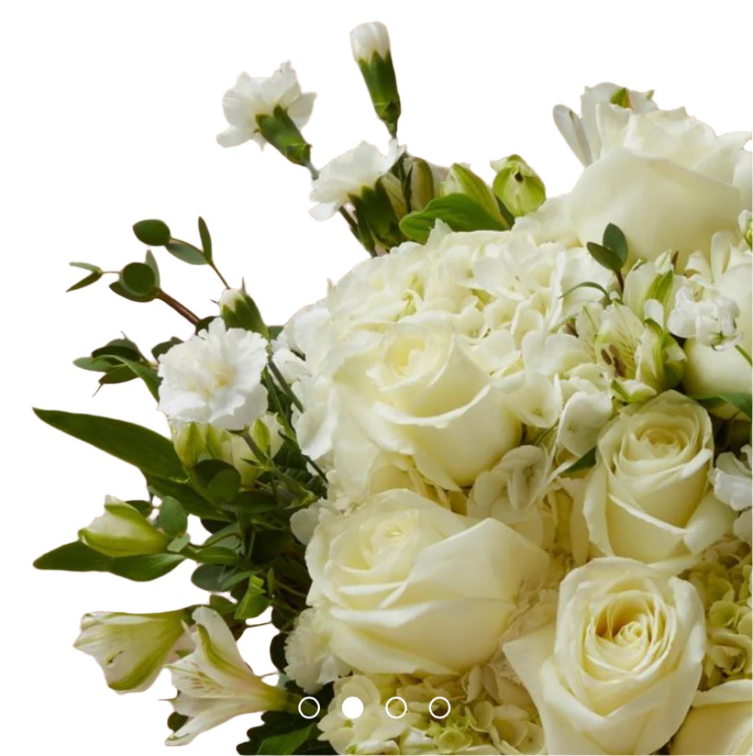 White and airy bouquet with hydrangea, roses, alstroemeria, stock, and eucalyptus — uplifting floral arrangement.