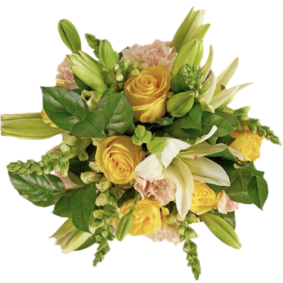 A bouquet of yellow roses and peach carnations with green leaves and stems.