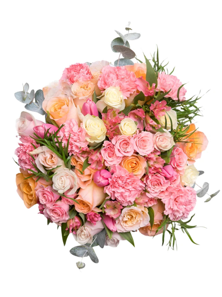  pink, peach, and coral roses, carnations, tulips, alstroemeria, and eucalyptus arranged for flower delivery in Chandler, Arizona