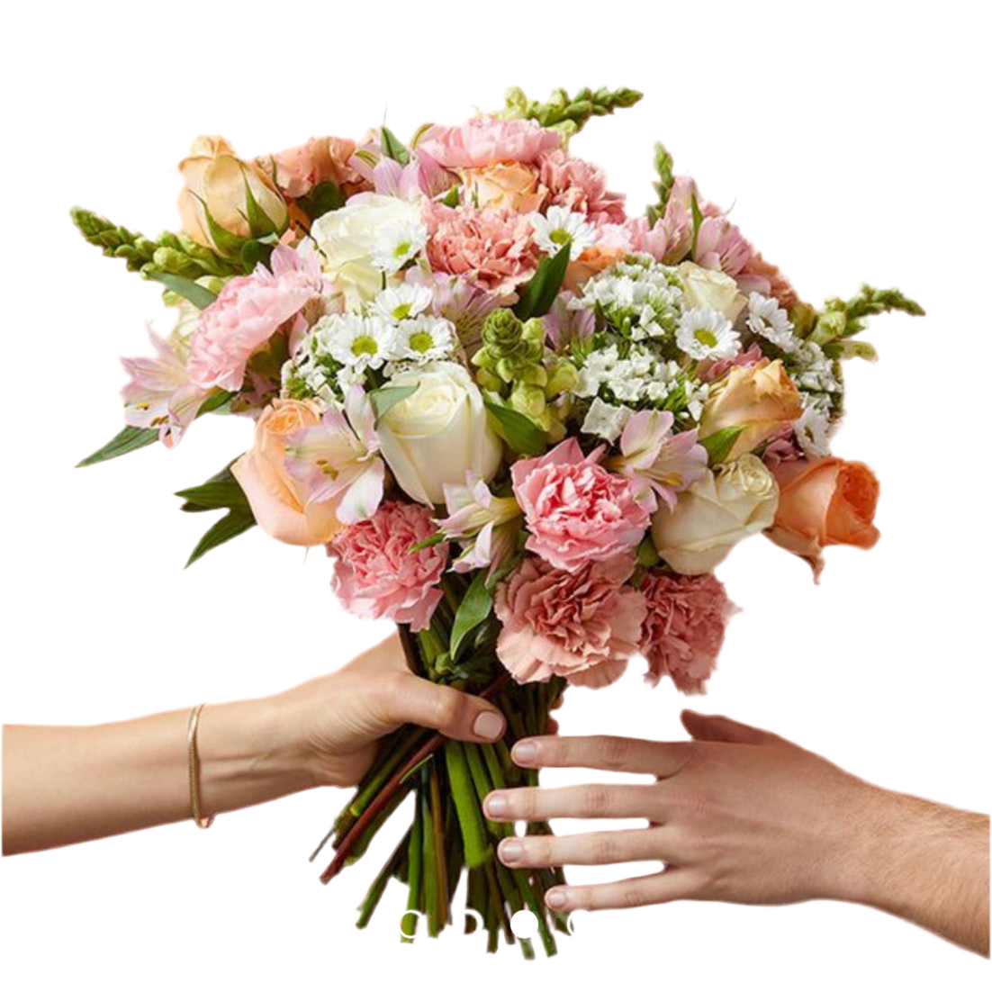 A vase filled with a bouquet of peach and cream flowers including roses, carnations, alstroemeria, and snapdragons, held by two hands.