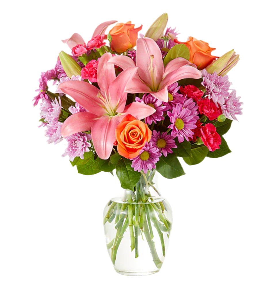Elegant bouquet featuring roses, daisies, lilies, and chrysanthemums in soft romantic tones with fresh greenery.
