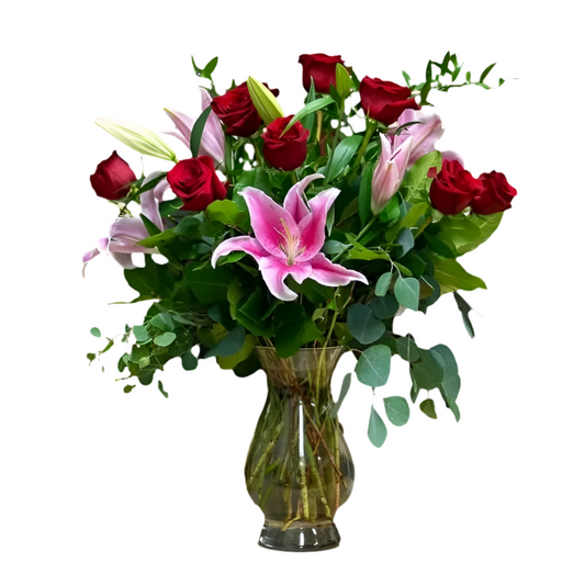 Premium Lily and Rose Bouquet with 12 red roses and 3 stargazer lilies arranged in a glass vase for flower delivery in Chandler, Arizona