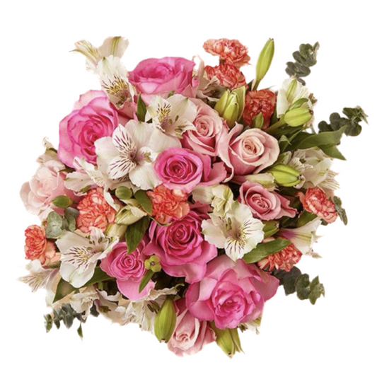 Strawberry Sunset Bouquet with lilies, roses, carnations, and alstroemeria in seasonal pink and red, arranged for flower delivery in Chandler, Arizona
