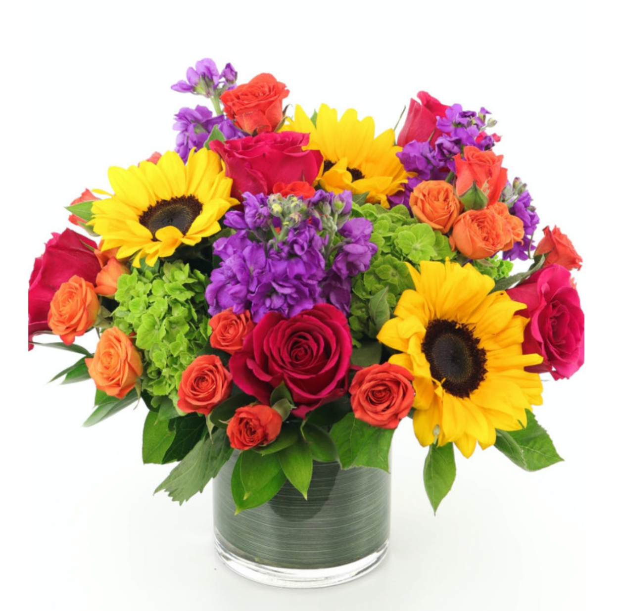 Summer Splash Bouquet with sunflowers, dark pink roses, and colorful seasonal blooms arranged for flower delivery in Chandler, Arizona