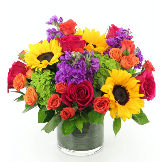 Summer Splash Bouquet with sunflowers, dark pink roses, and colorful seasonal blooms arranged for flower delivery in Chandler, Arizona