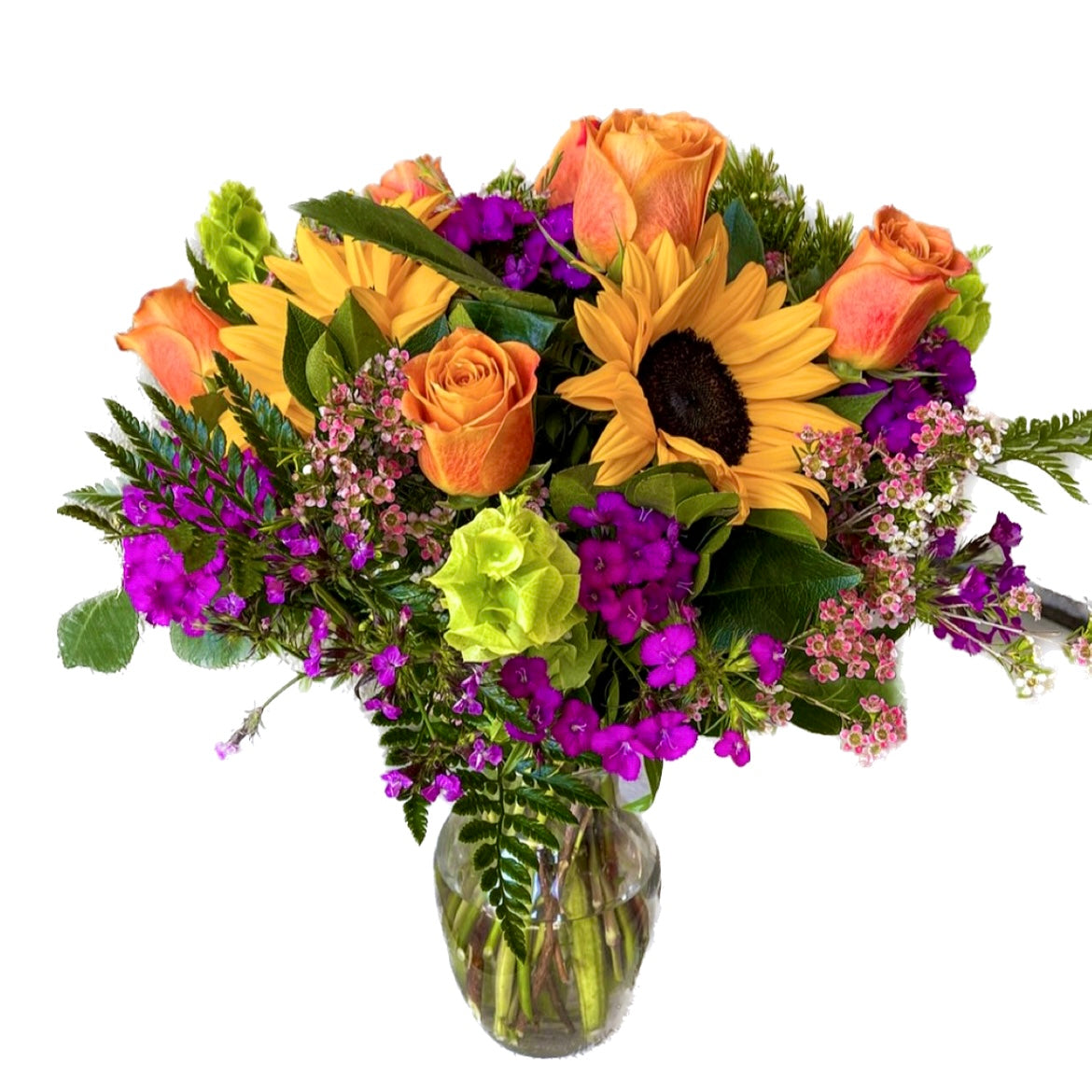 Summer Splash Bouquet with sunflowers, dark pink roses, and colorful seasonal blooms arranged for flower delivery in Chandler, Arizona