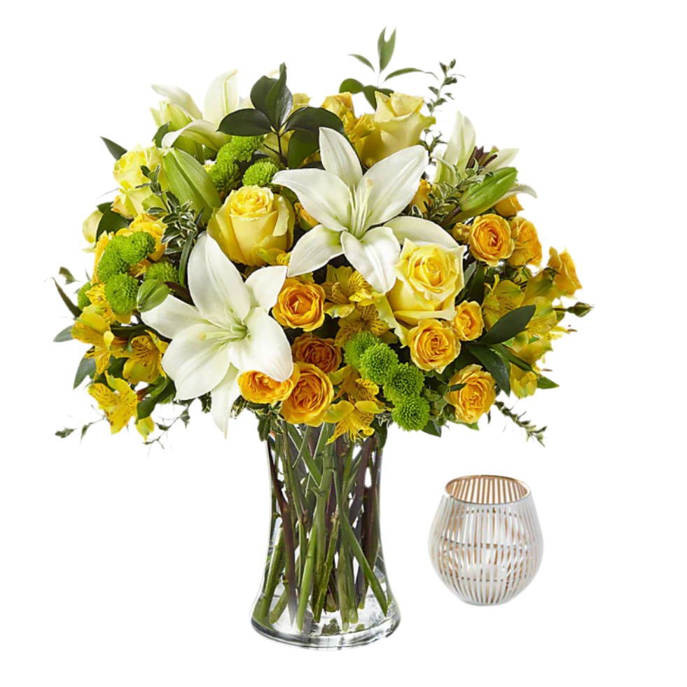 White and yellow flower bouquet with lilies, roses, daisies, and chrysanthemums arranged for same-day delivery in Chandler, Arizona.