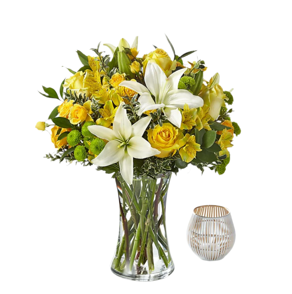 White and yellow flower bouquet with lilies, roses, daisies, and chrysanthemums arranged for same-day delivery in Chandler, Arizona.