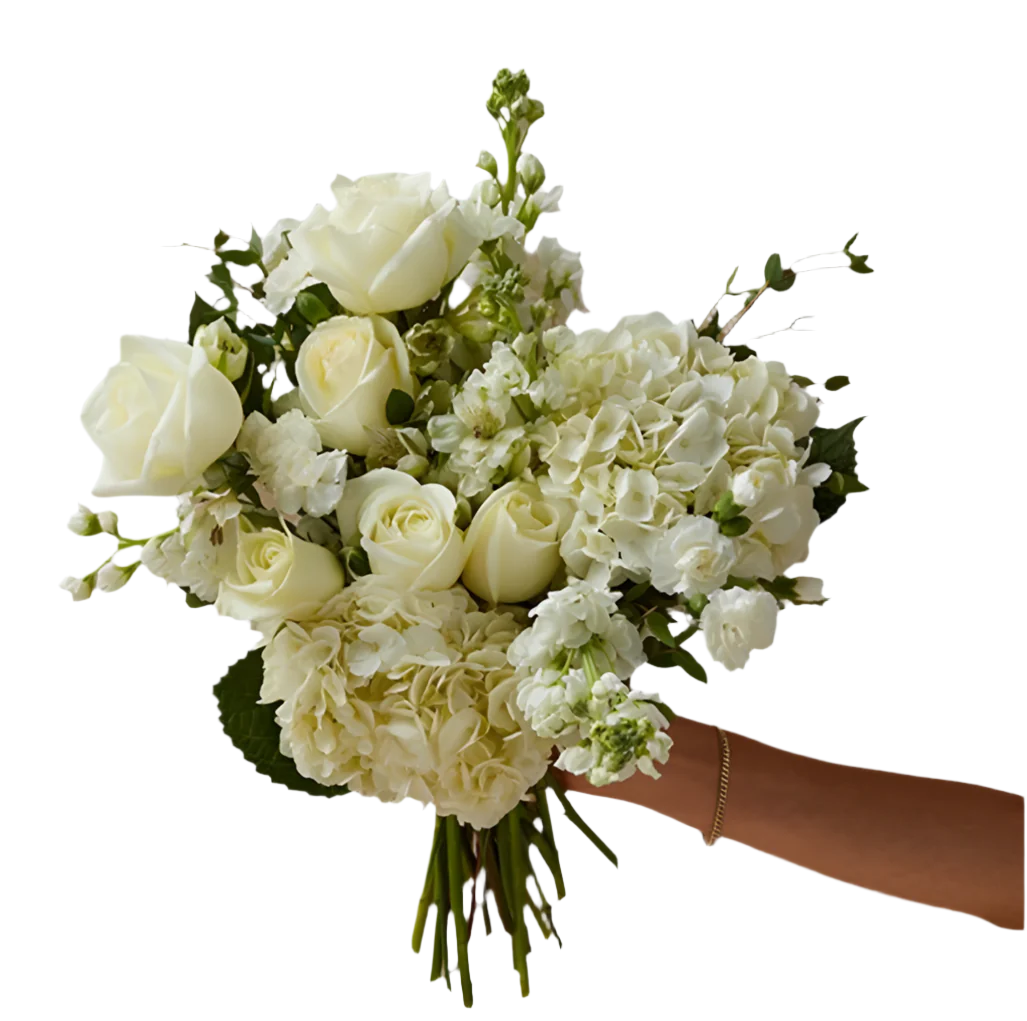 White and airy bouquet with hydrangea, roses, alstroemeria, stock, and eucalyptus — uplifting floral arrangement.