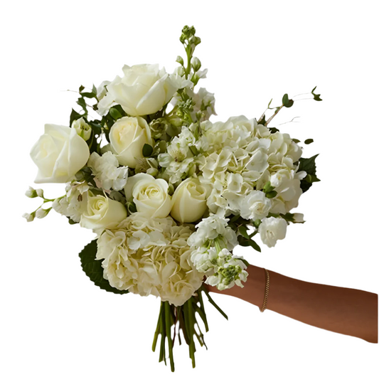 White and airy bouquet with hydrangea, roses, alstroemeria, stock, and eucalyptus — uplifting floral arrangement.