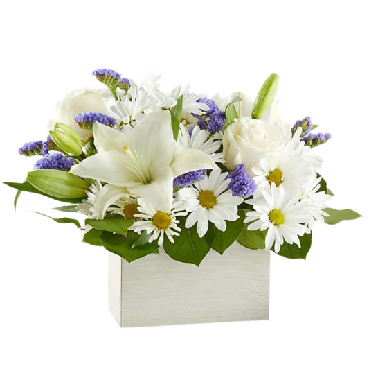 A floral arrangement in a box featuring white daisies, roses, and lilies with purple accents.